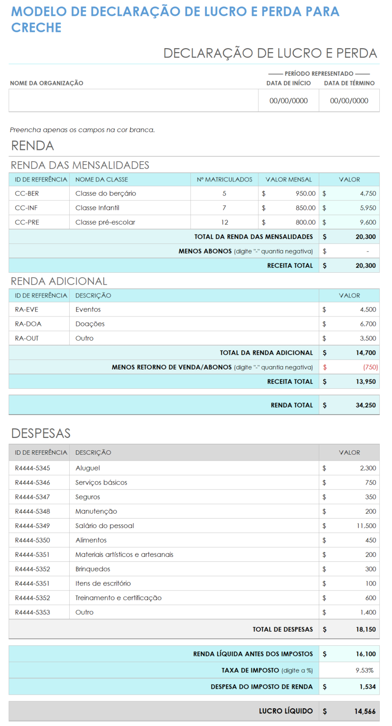  modelo de demonstração de lucros e perdas de creche