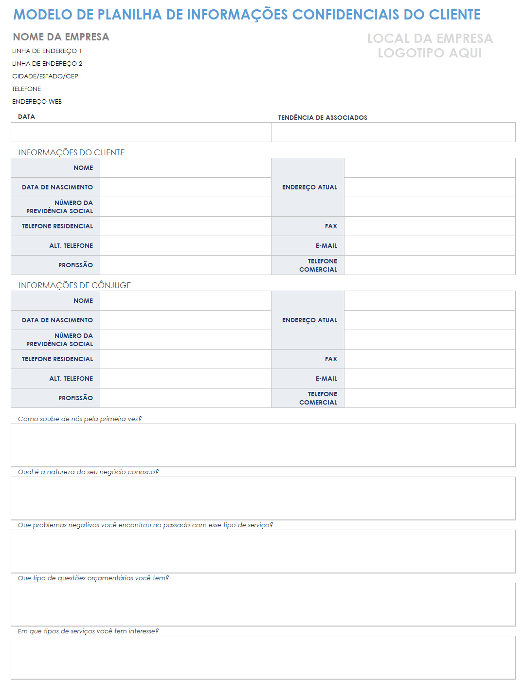 modelo de folha de informações confidenciais do cliente