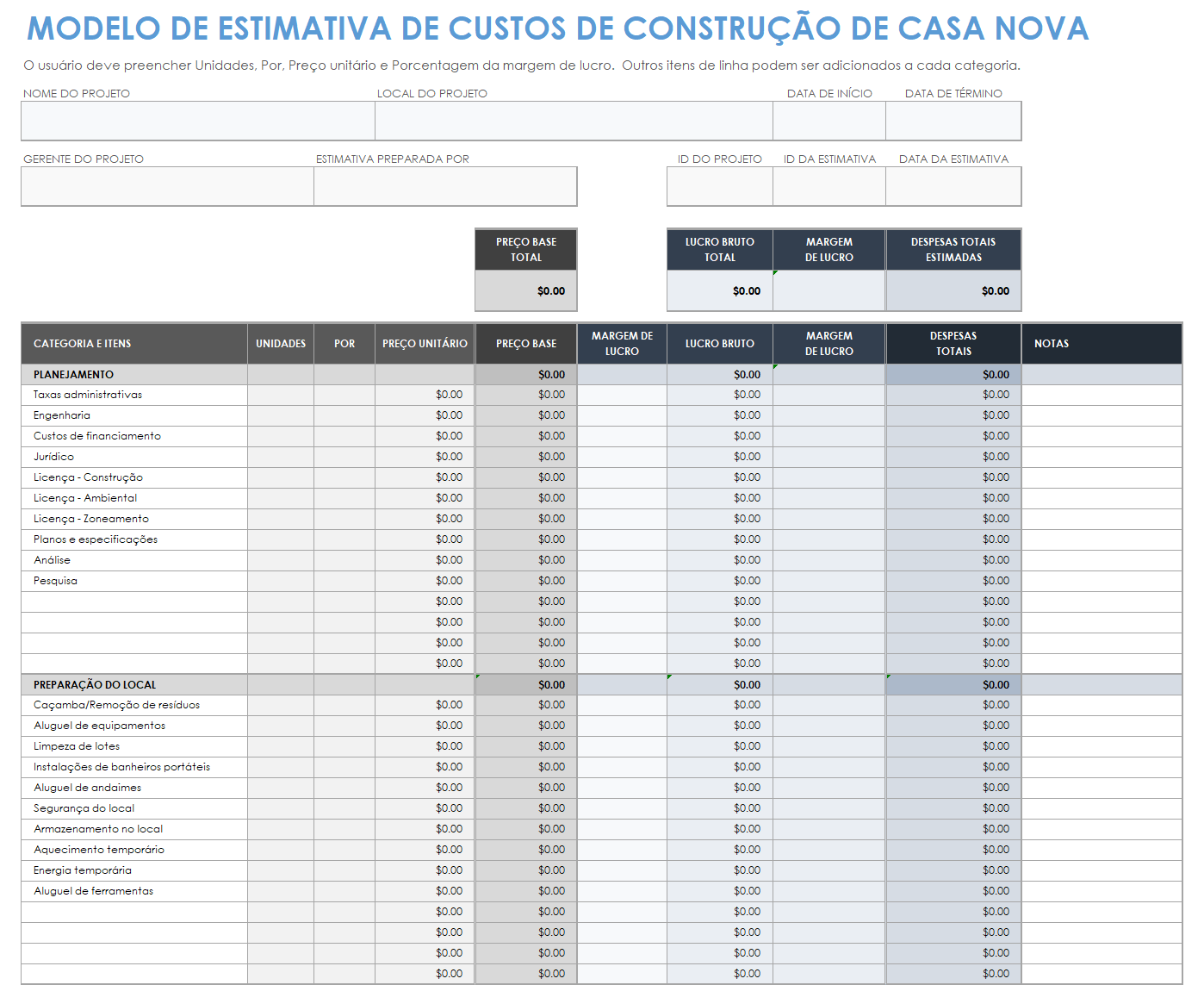 Estimativa de custo de construção de uma nova casa