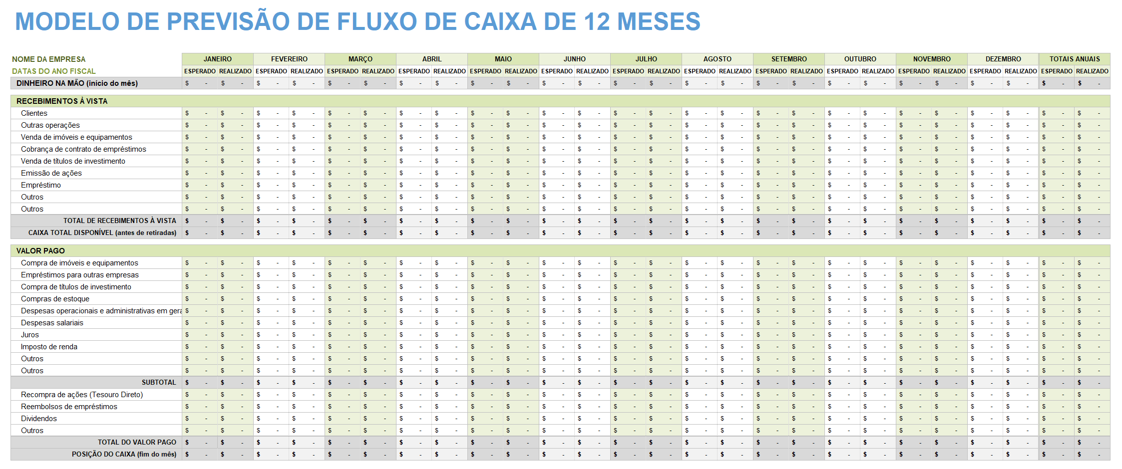 Modelo de previsão de fluxo de caixa para 12 meses