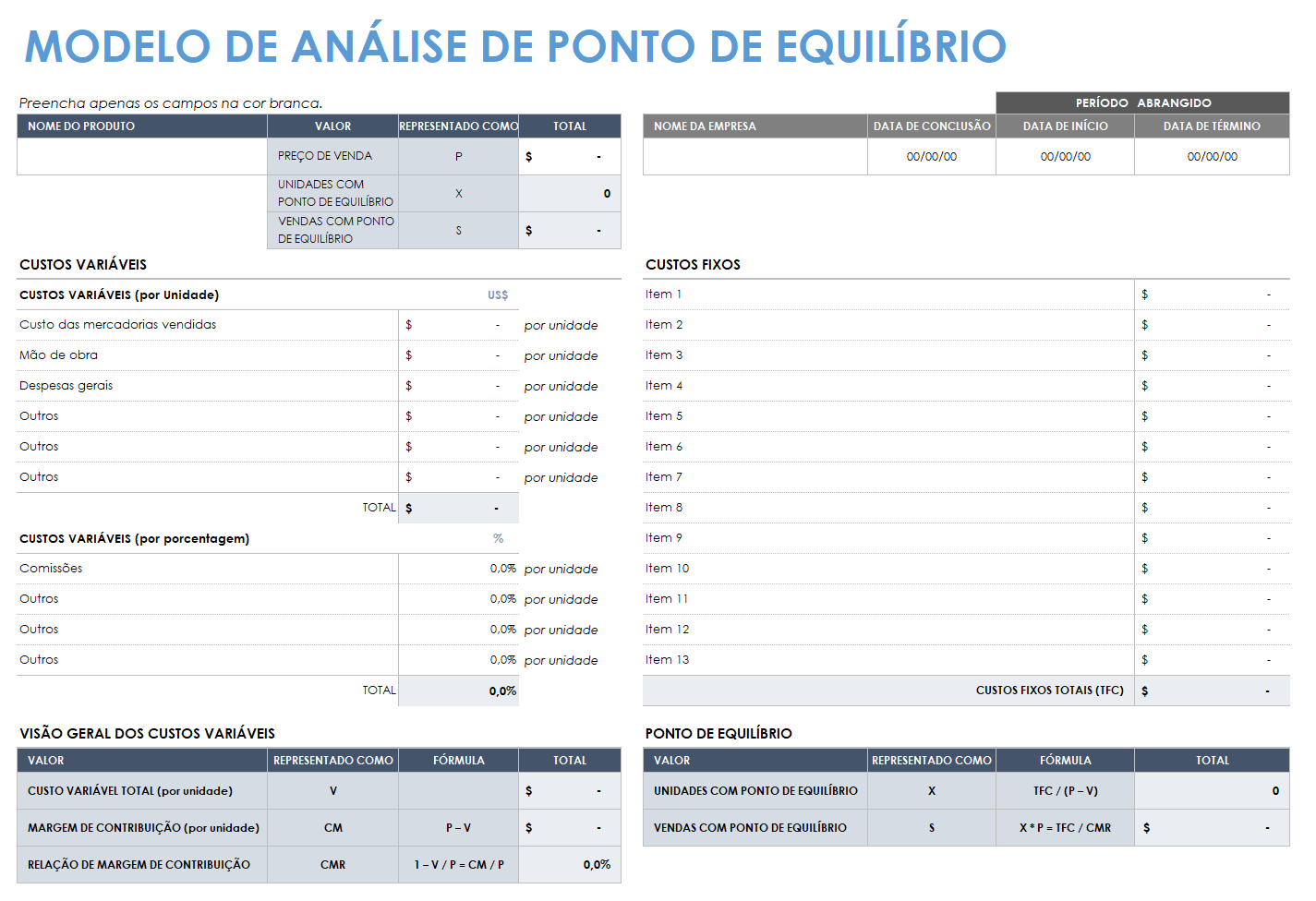  modelo de análise de ponto de equilíbrio