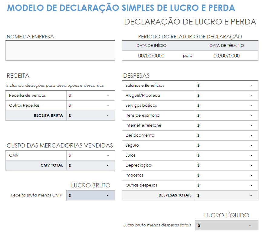 modelo de demonstração de lucros e perdas simples