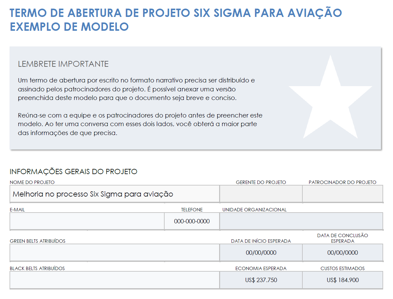  modelo de exemplo de carta de projeto de aviação seis sigma