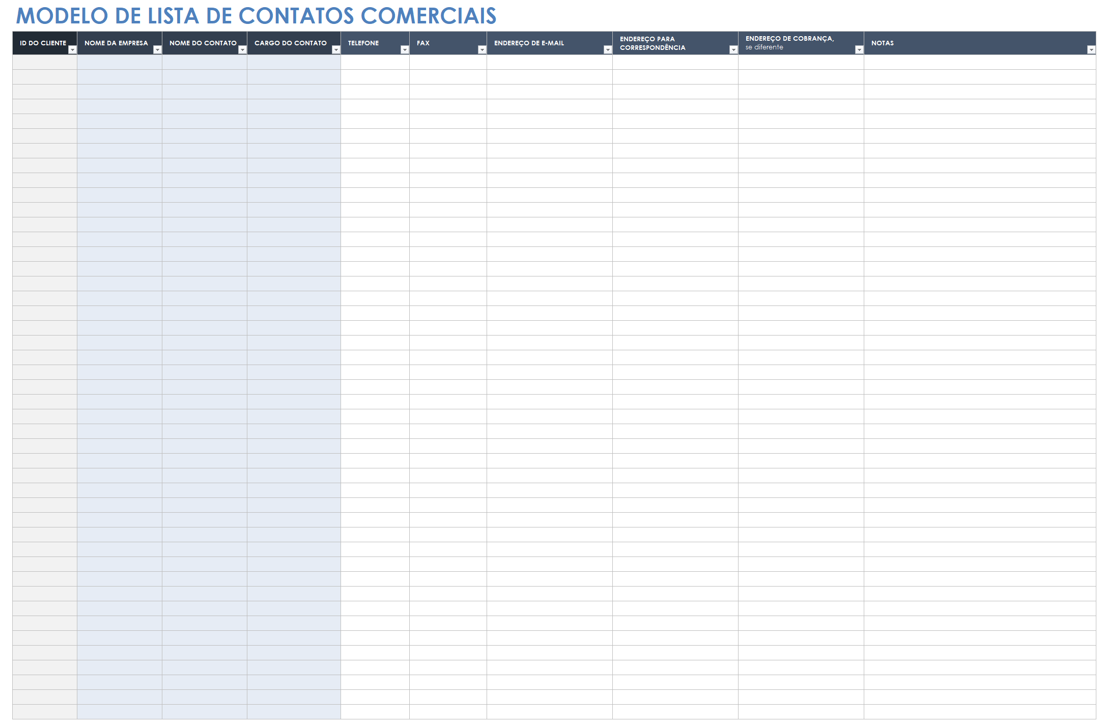 modelo de lista de contatos comerciais