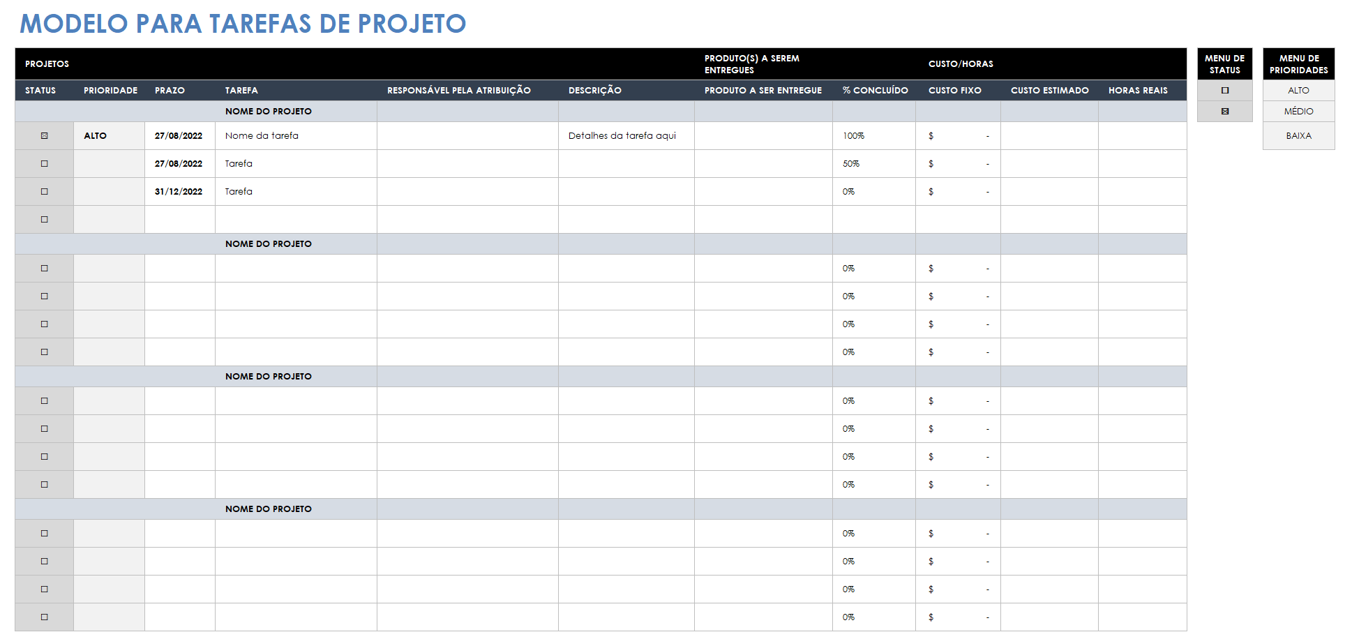  modelo de tarefas de múltiplos projetos