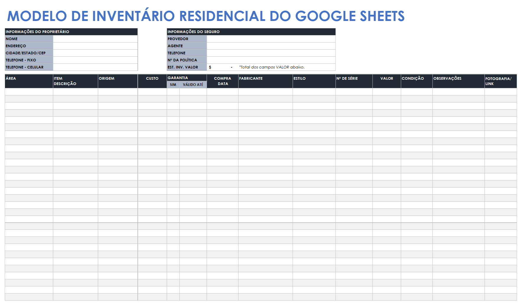  Modelo de inventário inicial do Planilhas Google