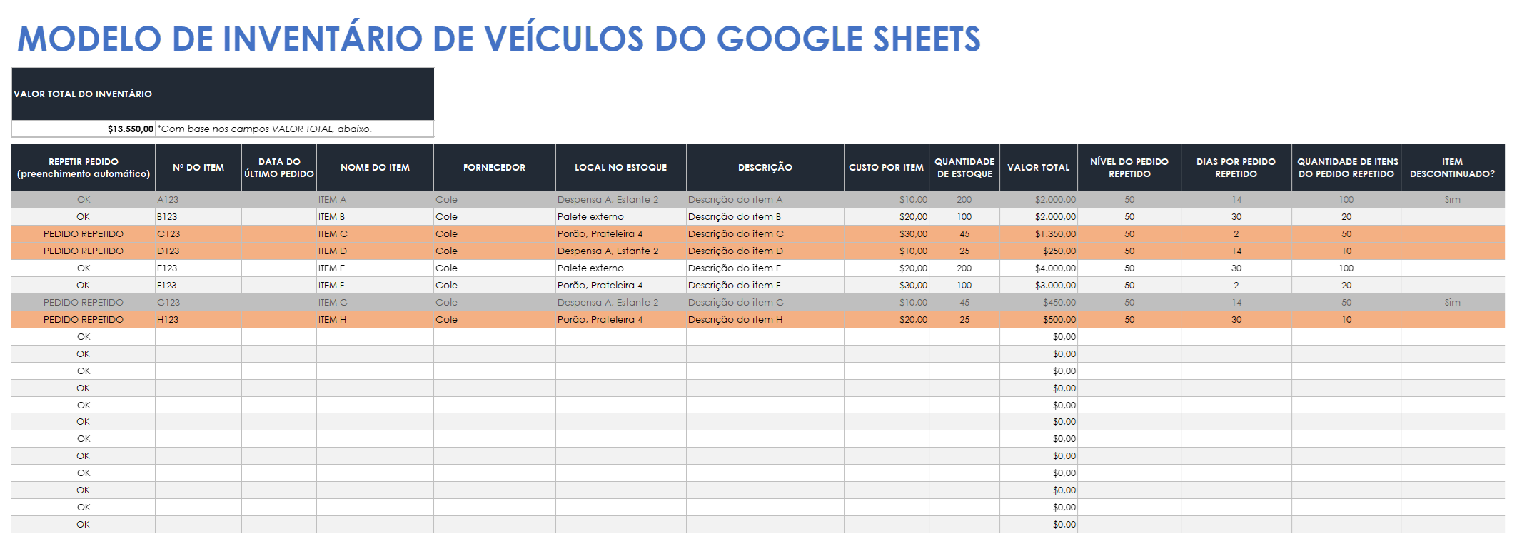  Modelo de inventário de veículos do Planilhas Google