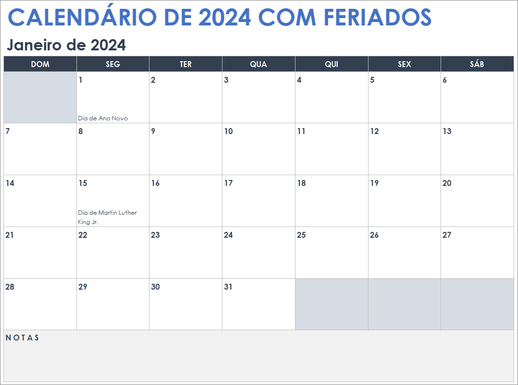 Calendário 2024 com feriados