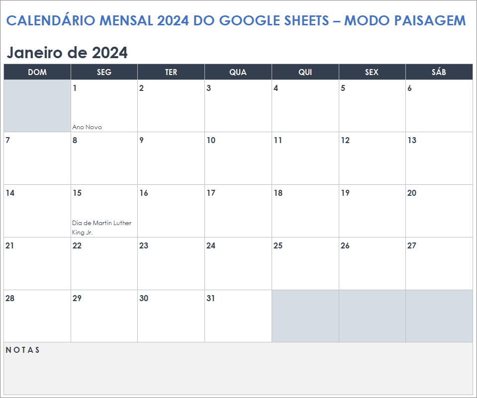 Calendário mensal do Planilhas Google