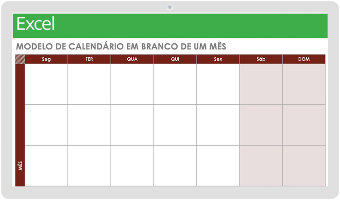  Modelo de calendário de um mês em branco começando com segunda-feira