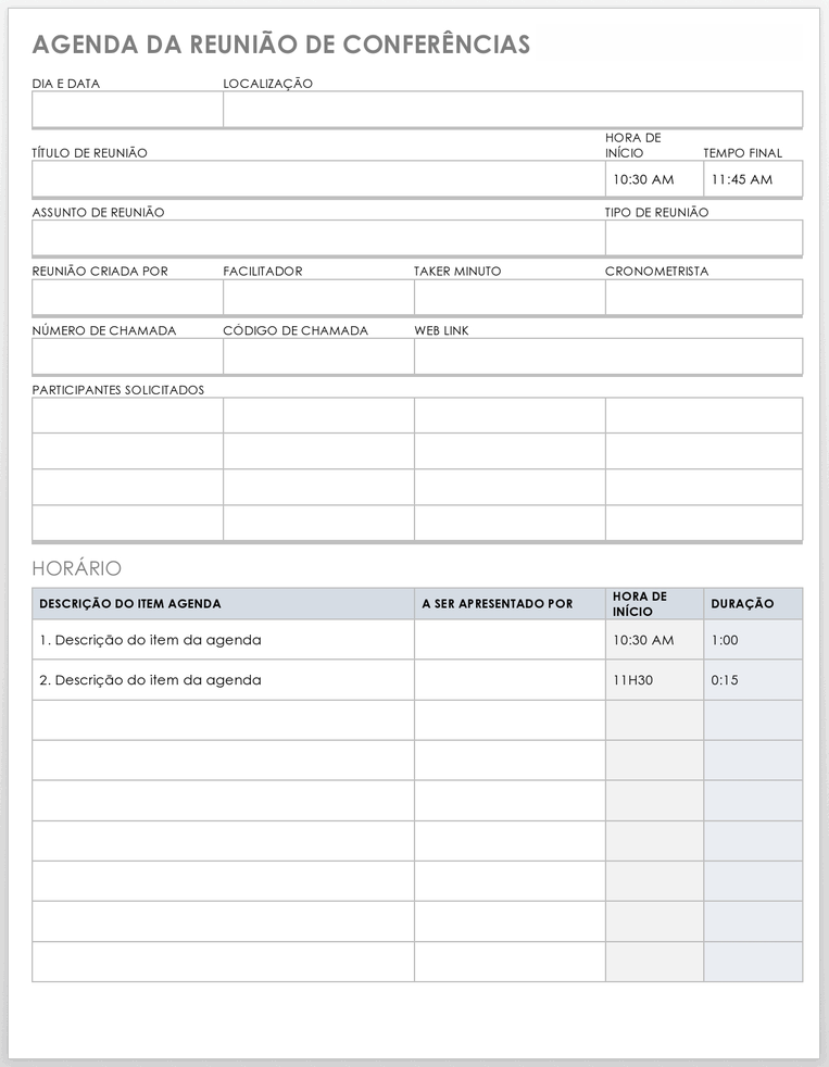 Modelo de Agenda de Reunião de Conferência