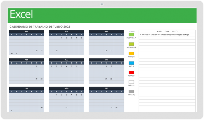  Modelo de calendário de turno de trabalho mensal 2022