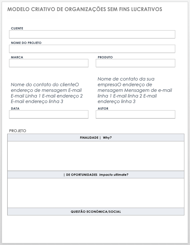 Modelo de resumo criativo para organizações sem fins lucrativos
