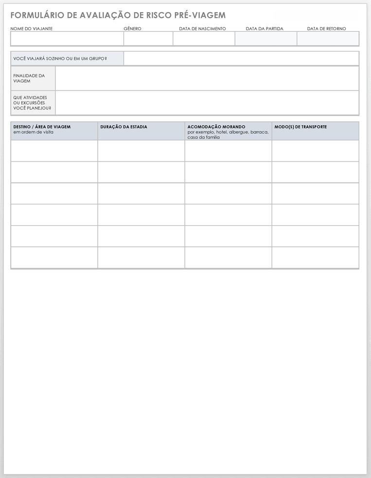 formulário de avaliação de risco pré-viagem
